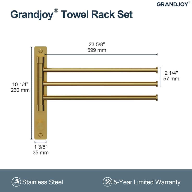 GRANDJOY Wall-Mounted Stainless Steel Swivel Towel Bar with 3 Rotatable Arms