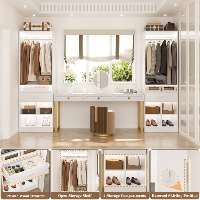 24.5'' W Freestanding Closet System with Wood Drawer and 5 Open Storage Shelves and Hanging Rods,