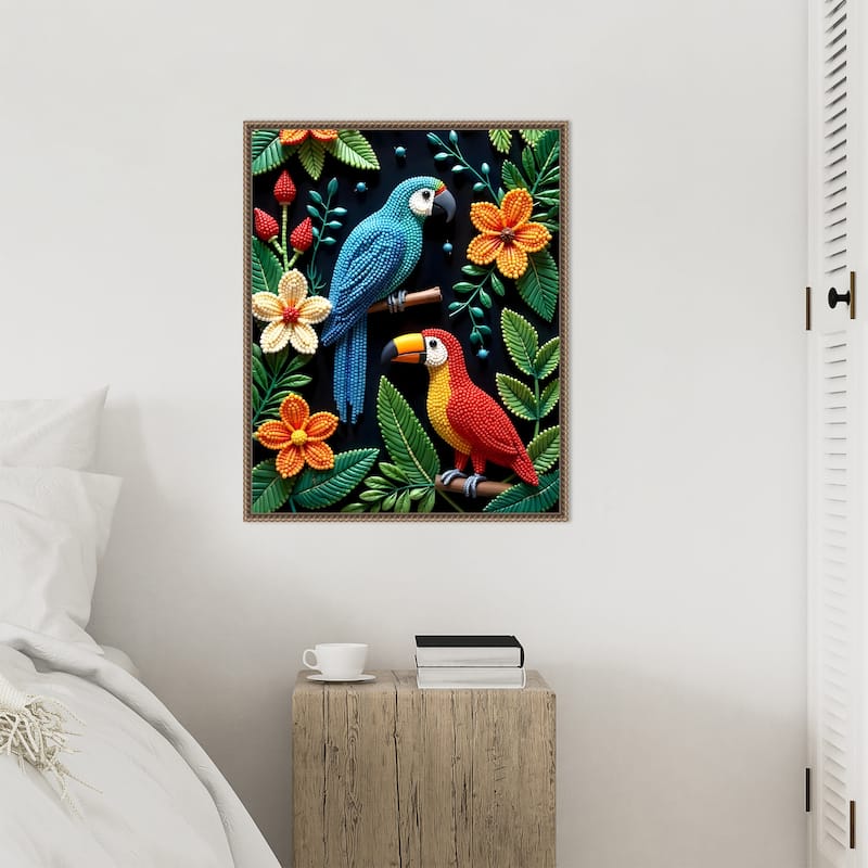 Parrot and Toucan In a Beaded Forest by Uma Gokhale Framed Canvas Wall Art