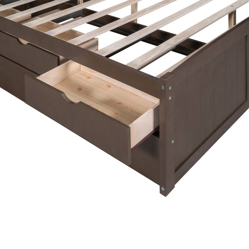 Wooden Captain Bed Platform Bed Frame with Rectangular Storage Headboard Built-in Bookshelves, 3 Storage Drawers and Trundle