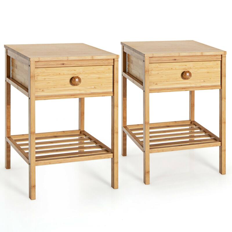 2PCS Bamboo Nightstand Natural Side End Table w/Drawer - Natural
