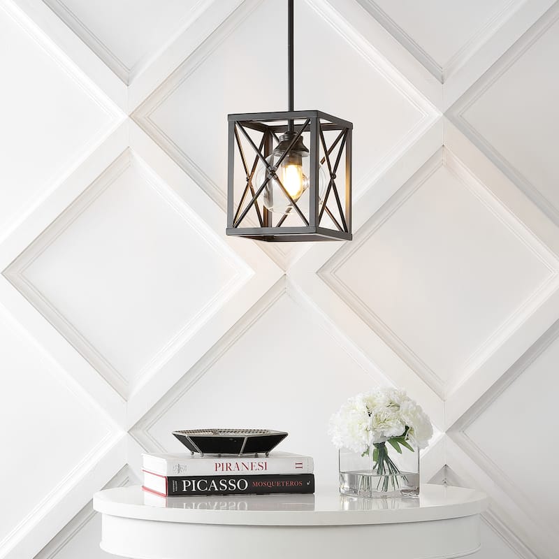 Quinn 8" 1-Light Industrial Farmhouse Iron/Glass LED Pendant, Oil Rubbed Bronze by JONATHAN Y - 1 Light