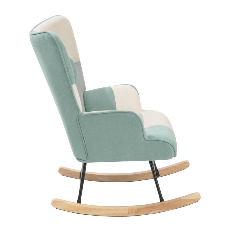 Mid Century Fabric Rocker Chair with Wood Legs and Patchwork Linen