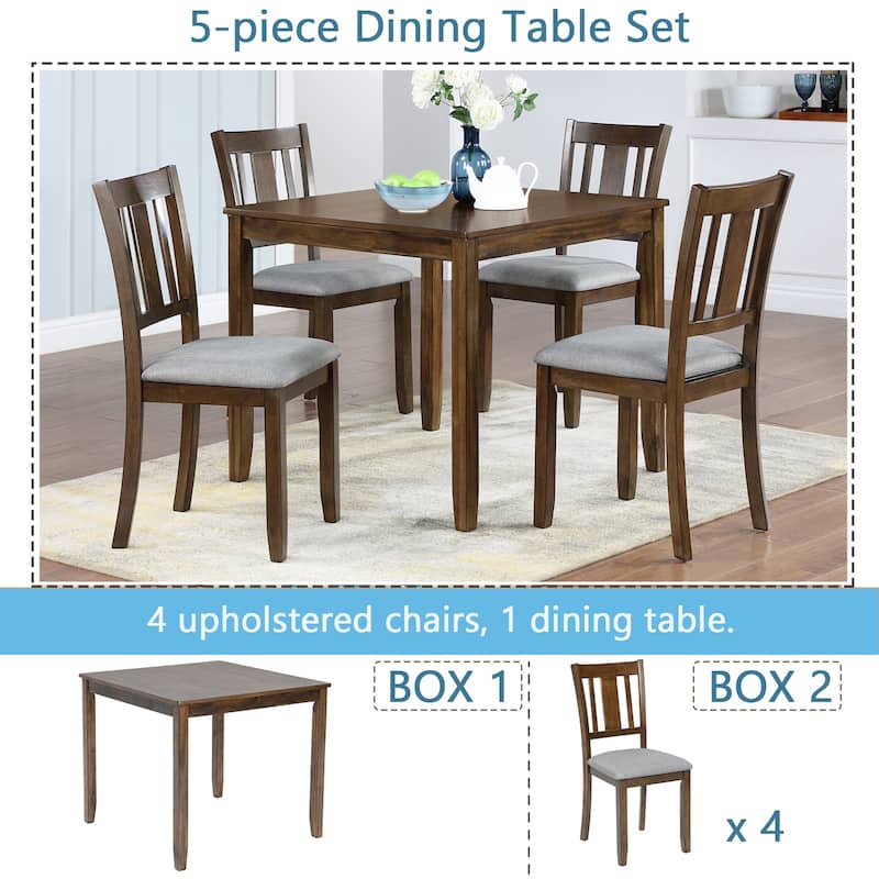 GDFStudio - Dunmore 5-Piece Farmhouse Wooden Square Dining Table Set with 4 Wooden Upholstered Dining Chairs