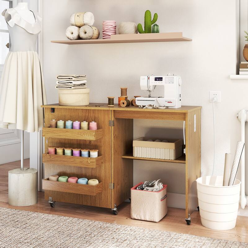 Costway Folding Sewing Table Rolling Craft Station with 3 Storage Bins - See Details