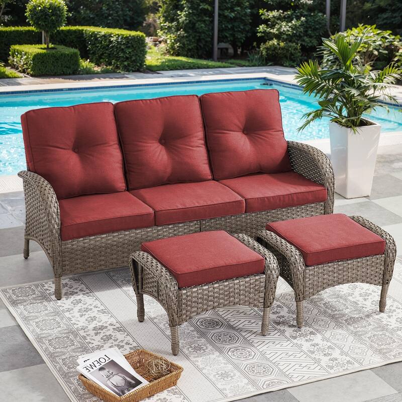 Pocassy Patio Outdoor Sofa Swivel Chairs with Ottman Table Set - Gray Wicker Red Cushion - 3-Piece 3-Seat Sofa with Ottoman