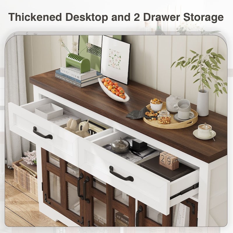 Gymojoy 53" Farmhouse Buffet Cabinet with Glass Doors, Modern Sideboard Storage Console for Kitchen, Dining Room, Living Room