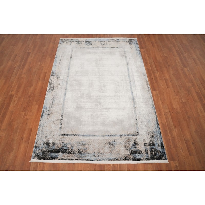 Machine Made Oriental Polyester Carpet Geometric Greys & Charcoal Distressed Area Rug - 7' 5'' X 5' 2''