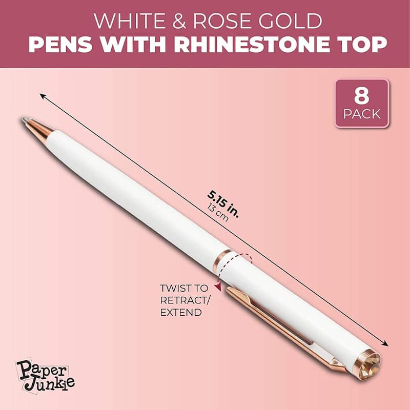 Paper Junkie White Ball Point Pens and Rose Gold Gemstone (8-Pack)