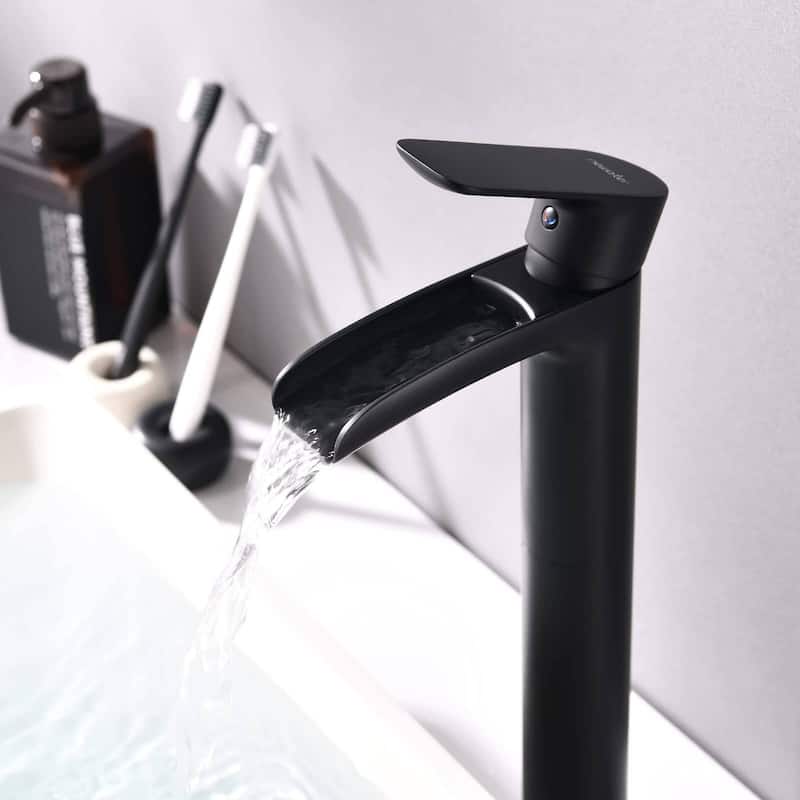 Vessel Sink Faucet Waterfall Bathroom Faucet, Matte Black