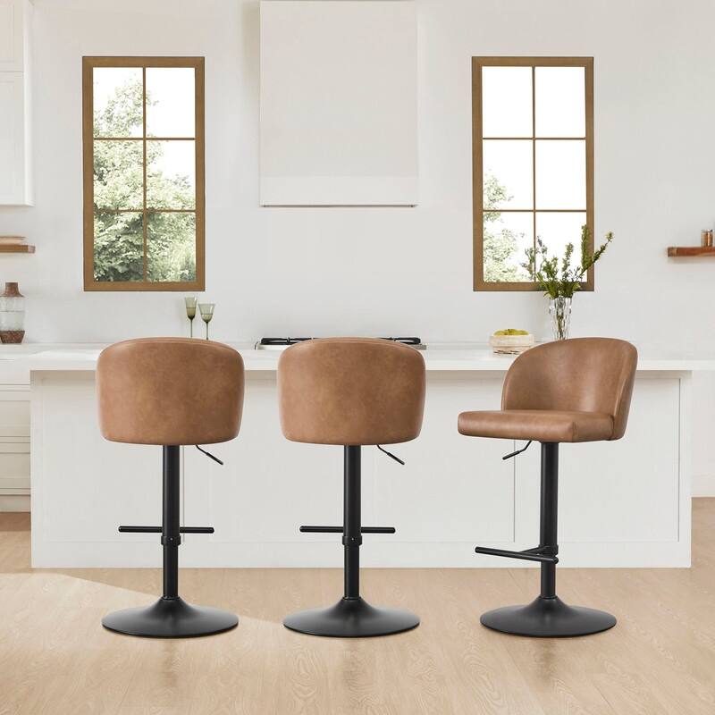Spruce & Spring Charlotte Modern Adjustable Swivel Bar Stools Set with Arched Footrest - Set of 3 - Cognac-Black