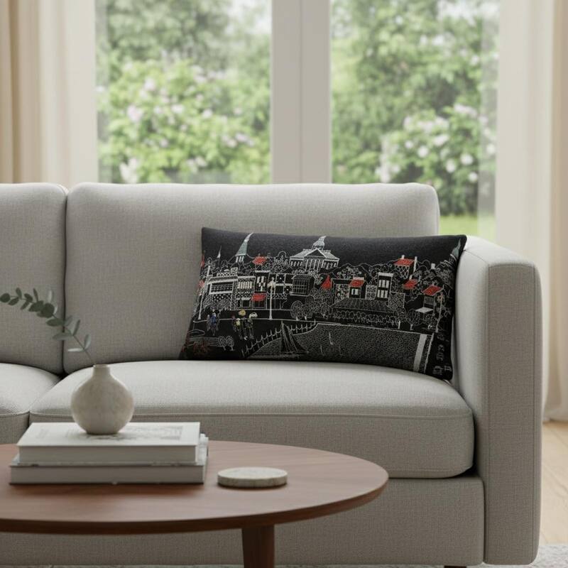 HomeRoots 14" X 24" Dark Gray And White Annapolis Nighttime Skyline Lumbar Decorative Pillow