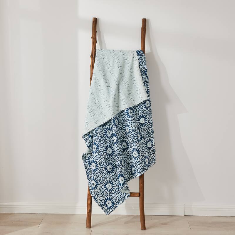 Melange Hand Stitched Kantha Flower Block Print Coverlets and Shams - Throw - Twin - 1 Piece