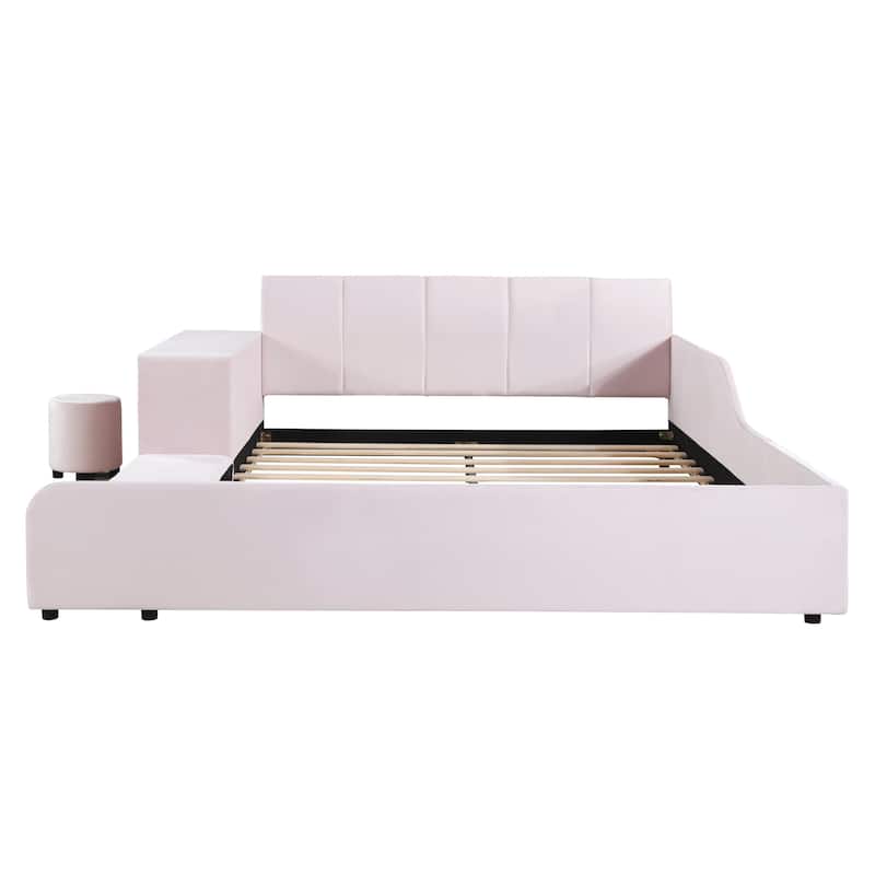 Queen Size Velvet Upholstered Platform Bed with Bedside Desk and Stool, Pink