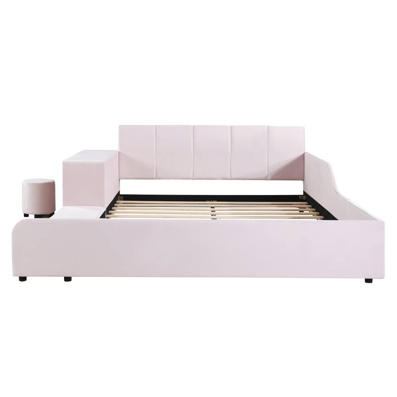 Upholstered Grounded Bed Mother & Child Bed with Bedside Desk and Little Round Stool