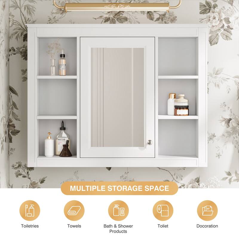 GDFStudio - Riggs Modern Wall-Mounted Bathroom Storage Cabinet with Mirror and Open Shelves (Not Include Bathroom Vanity)
