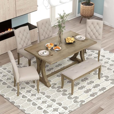 6 PCS Farmhouse Dining Table Set for 6 - Rectangular Trestle Table with Chairs & Bench