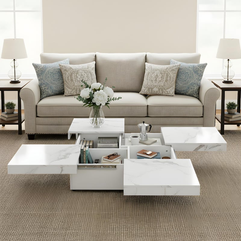 White Sliding Top Coffee Table Center Table with Storage, Rustic Side Table Cocktail Table Accent Table