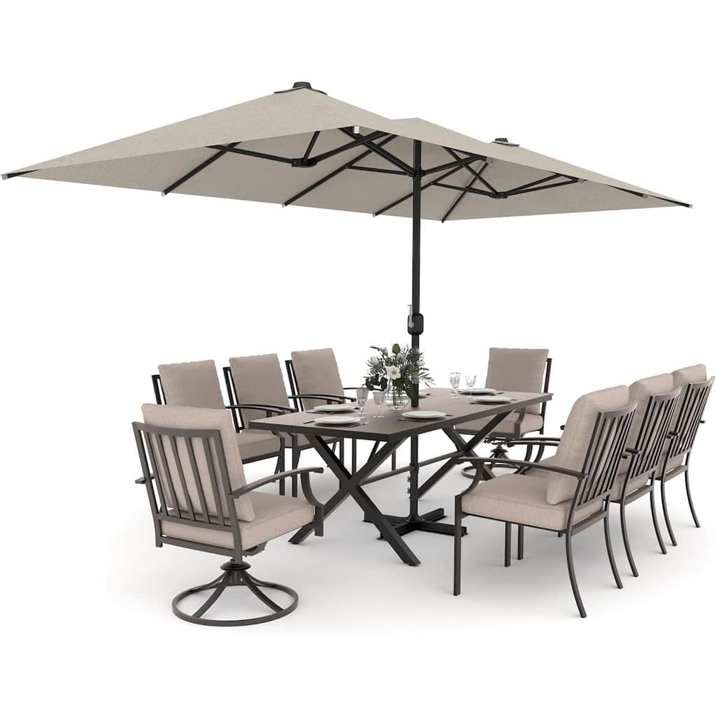 Kullavik 10 Pieces Outdoor Dining Set with 2 Swivel Chairs, 6 Single Chairs, X-Leg Table and Double-Sided Umbrella