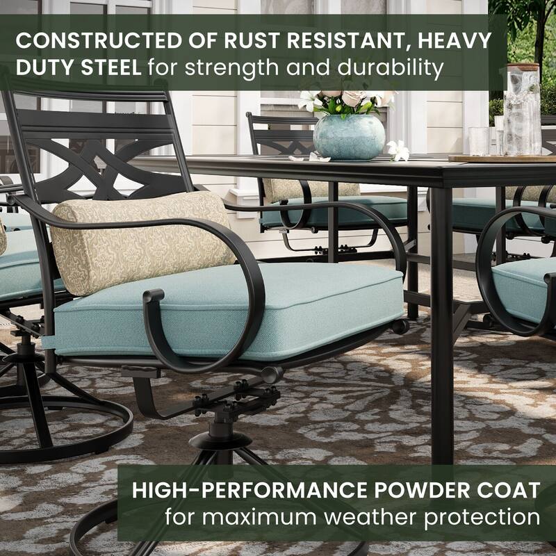 Hanover Montclair 11-Piece Dining Set in Ocean Blue with 10 Swivel Rockers and a 60-In. x 84-In. Table