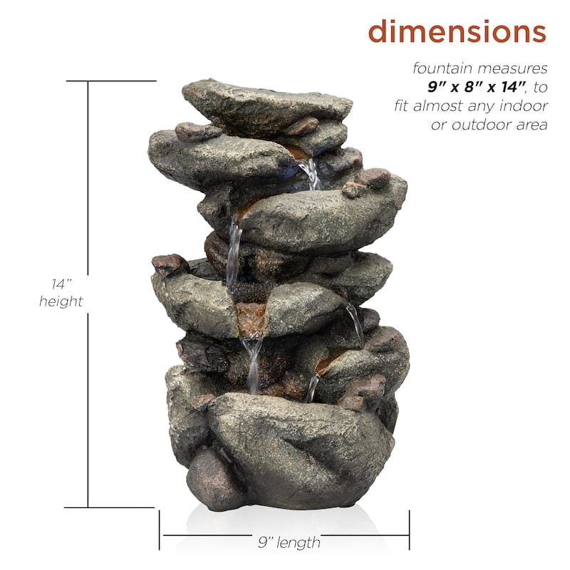 Alpine Corporation 14" Tall Indoor/Outdoor Tiering Rainforest Rock Waterfall Tabletop Fountain with LED Lights