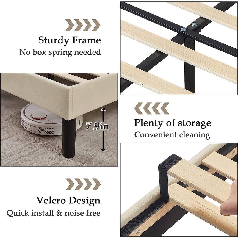 VECELO Upholstered Bed Frame with Nailhead Trim Adjustable Height Headboard, Twin/Full/Queen Size Bedframes