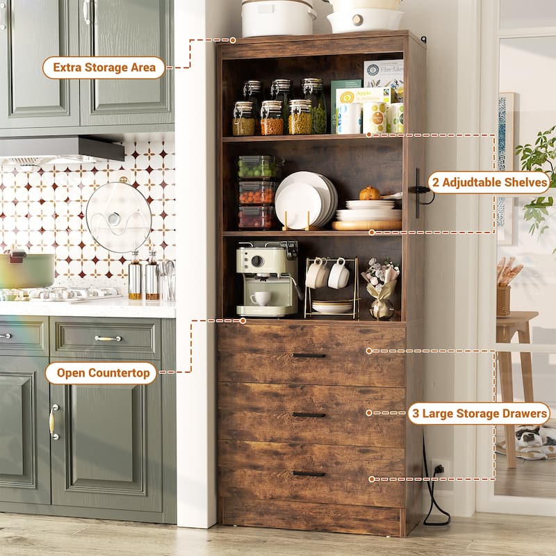 6-Tier 23.6'' Display Cabinet with Charging Station and Drawers, Bookcase Storage Shelf Kitchen Pantry