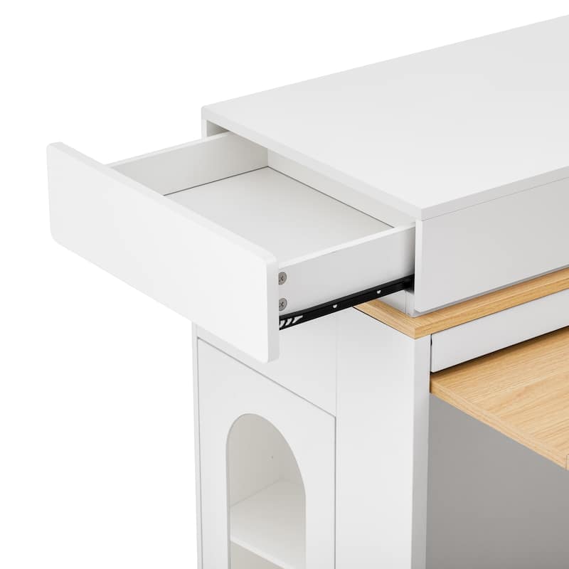 Extendable Dining Table with Folding Tabletop, Bar Table with Drawers and Power Outlet, Kitchen Island with Wheels and Hooks