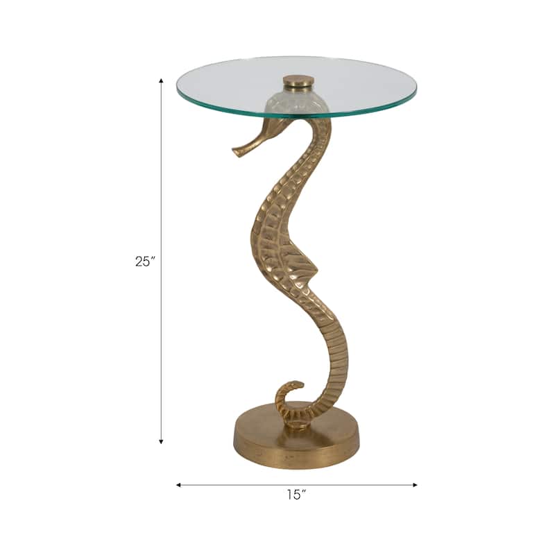Sagebrook Home Artistic Metal and Glass Accent Table with Sculptural Aluminum Seahorse Base - 15" x 15" x 25"