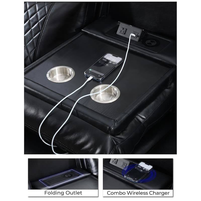 Power Reclining Sofa with Wireless Charger,Reading Light,LED Light for Living Room,Faux Leather,AC/USB Port,Cup Holder,Black