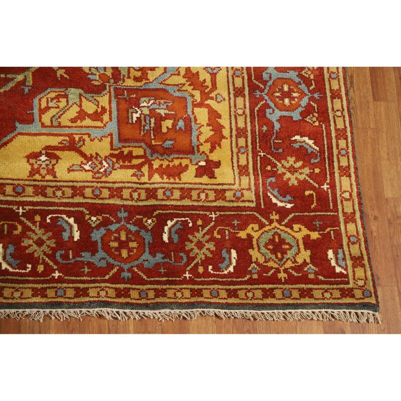 Red Medallion Heriz Serapi Indian Area Rug Hand-Knotted Wool Carpet - 8'8" x 11'9"