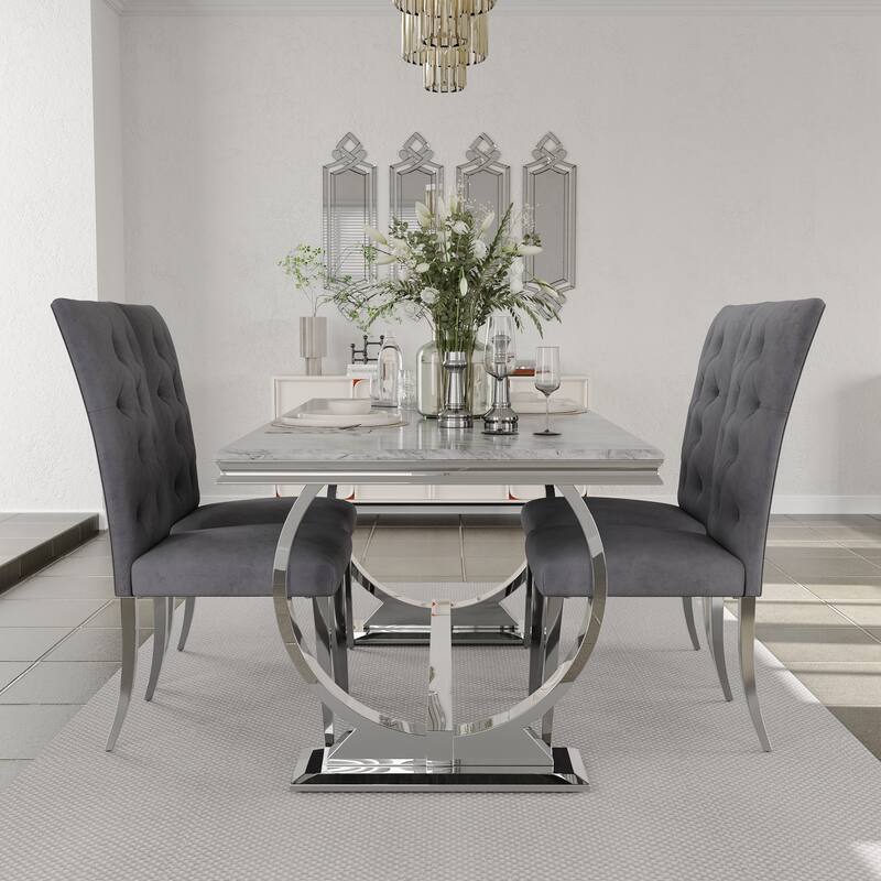 Glam Silver Dining Table Set with 64 inch Dining Table and Black Button Tufted Velvet Dining Chairs