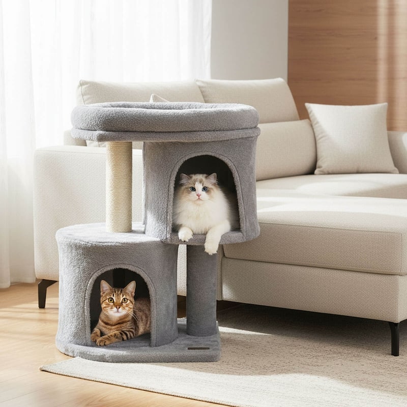 Costway 26” Small Cat Tree with Large Padded Plush Perch, 2 Condos, - See Details