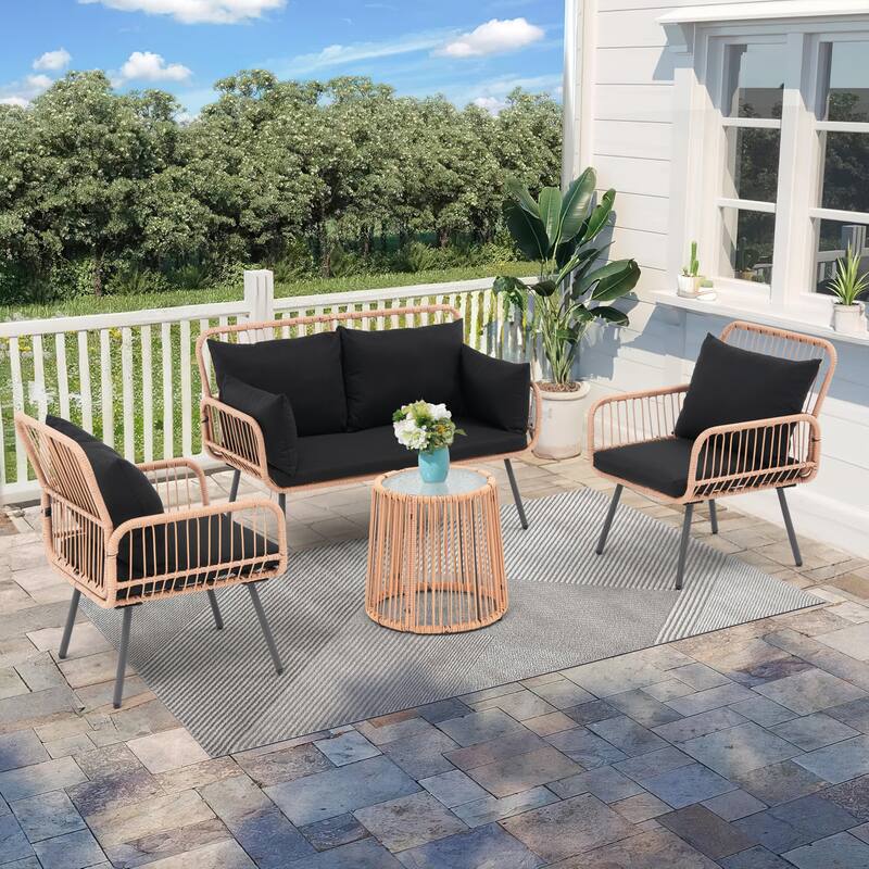 Outdoor 4 Piece Metal Patio Conversation Furniture Set Sofa - Black