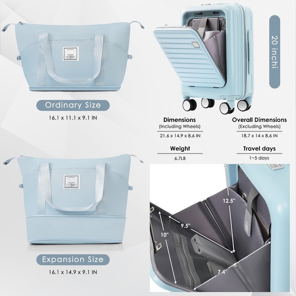 Light Blue Front Opening 20-Inch Luggage and Travel Bag Set - Bed