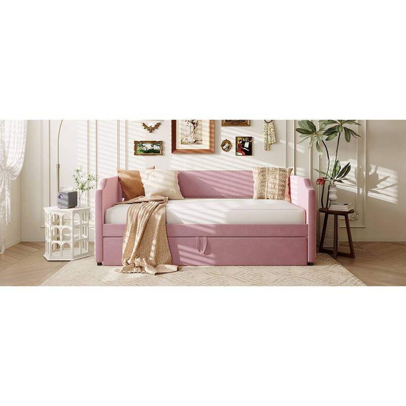 Roomfitters Twin Size Velvet Upholstered Daybed with Pop Up Trundle, Space Saving Sofa Bed Frame with Slats