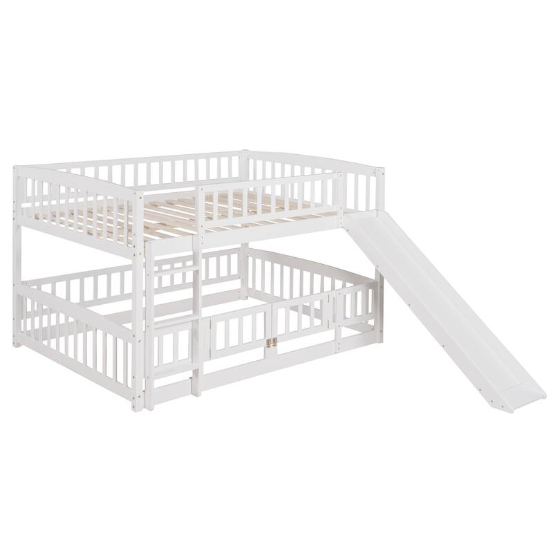Full Over Full Low Bunk Bed with Slide and Detachable Fence for Kids and Toddlers