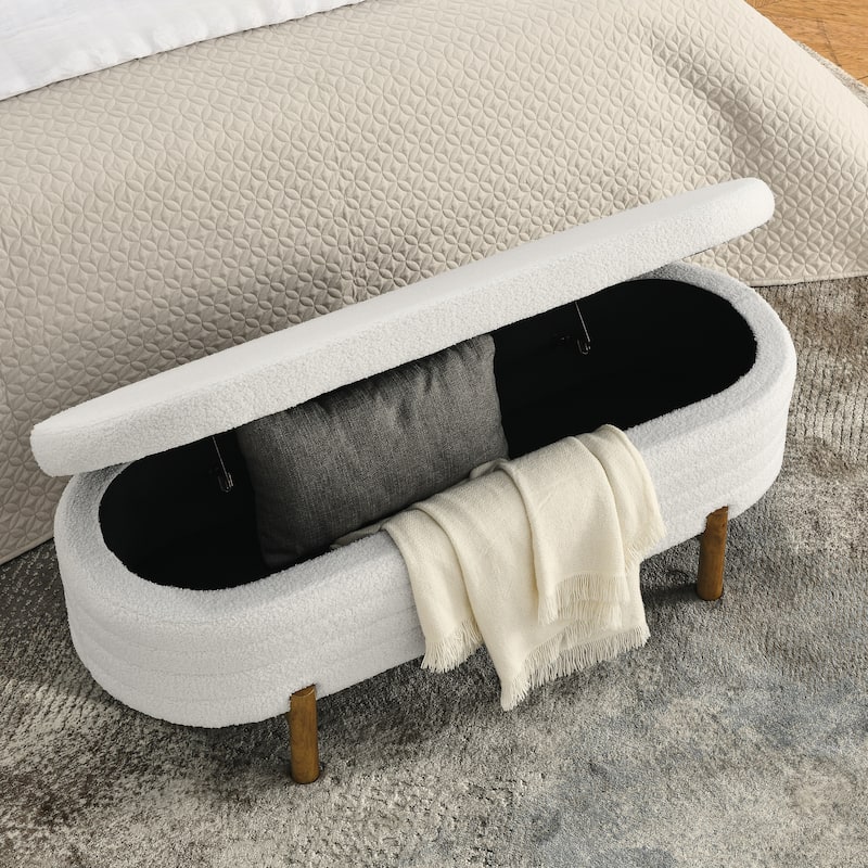 Small Ottoman Oval Storage Bench with Rubber Wood Leg Bedroom Upholstered Footstool Bench with Hidden Storage - Beige