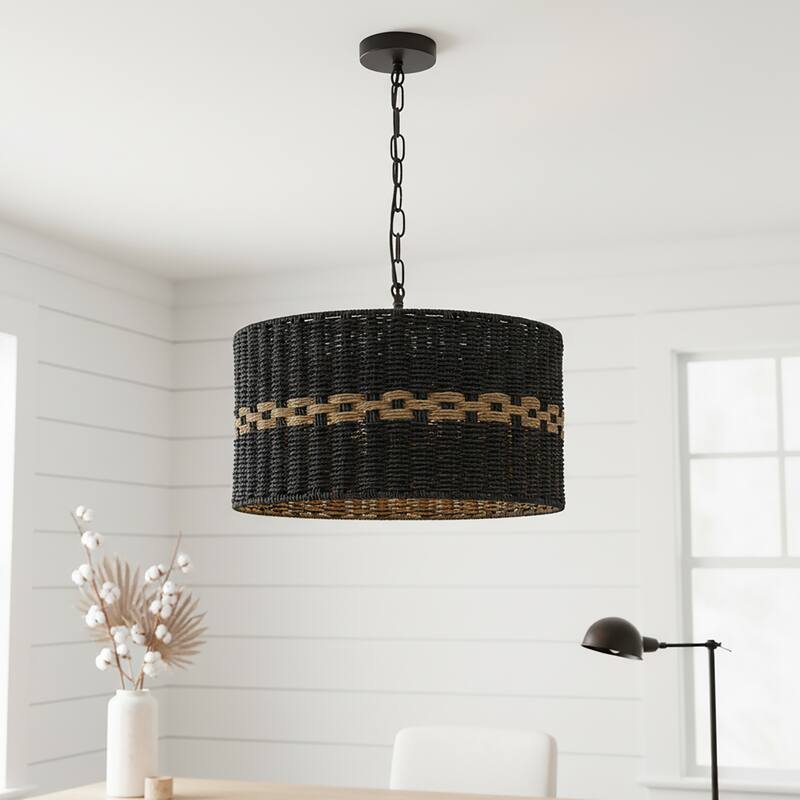 Kira 3-Light Rattan Rope Drum Pendant, Coastal Boho - Handwoven - 18" Wide