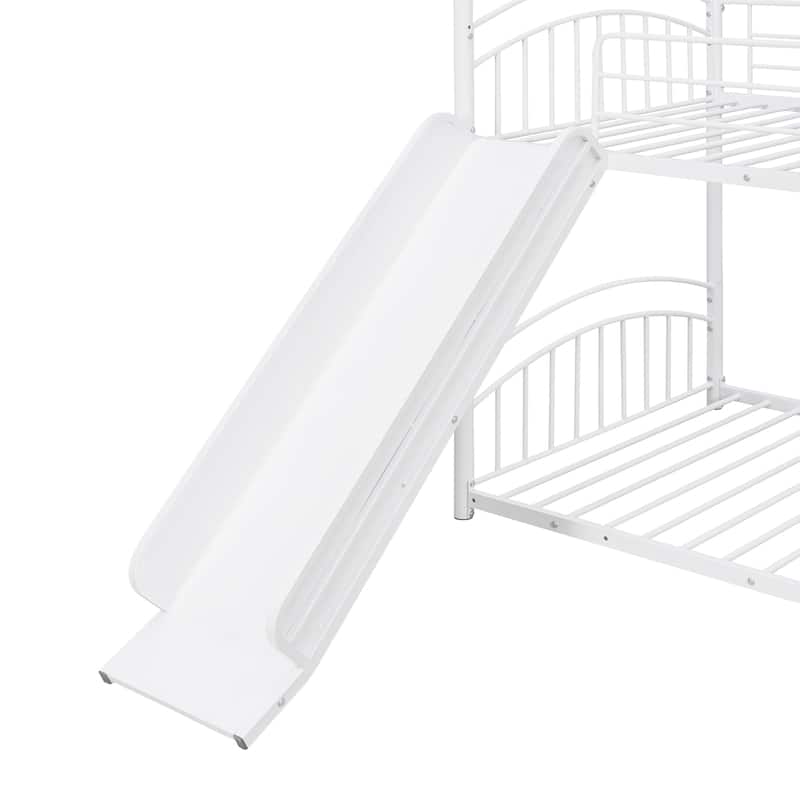 White Twin over Twin Metal Bunk Bed with Slide, Roof, Fence, and Ladder