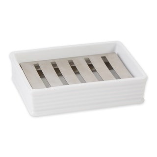 Stoneware Soap Dish and Stainless Steel Tray - White