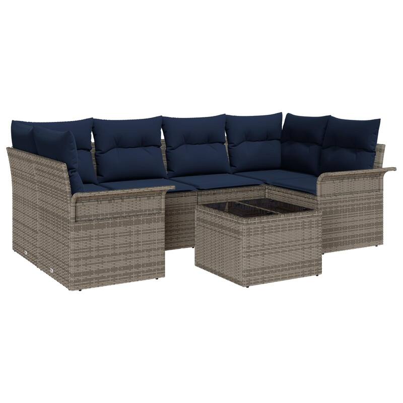 vidaXL 7-Seater Garden Sofa with Cushions Black/Brown/Grey Poly Rattan - 52.2 x 92.1 x 27.2