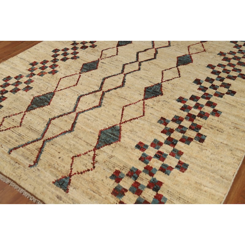 Geometric Moroccan Oriental Area Rug Hand-Knotted Beige Wool Carpet - 6'6" x 9'7"