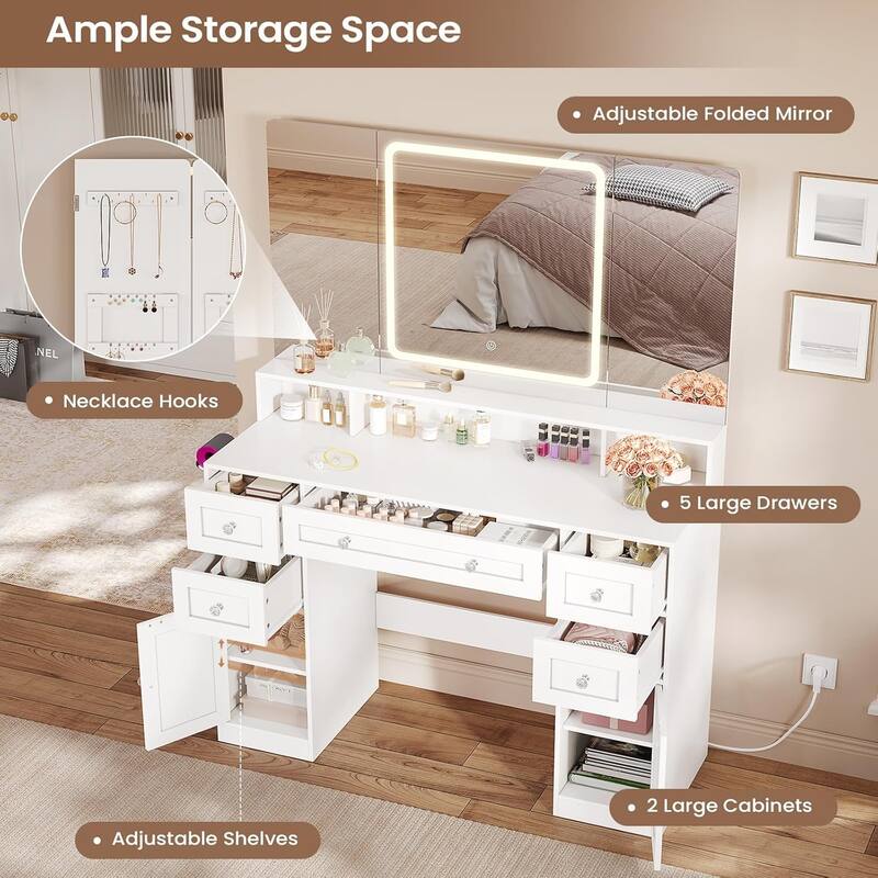 Makeup Vanity Trifold Mirror Charging Station 5 Drawers LED Light Hidden Jewelry Hook