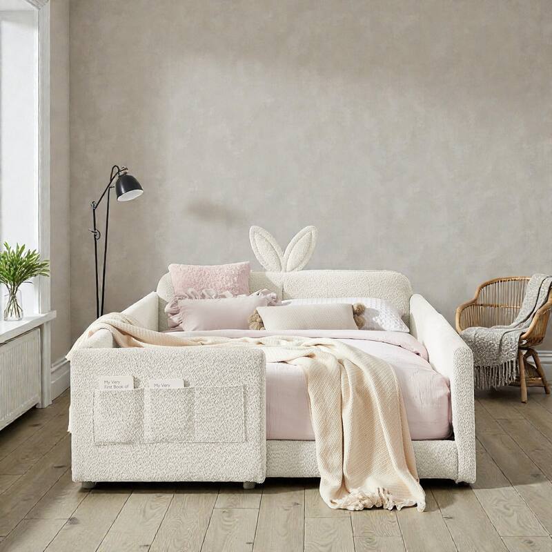 Full Size Upholstered Platform Bed with Rabbit Ear Headboard, Boucle Fabric Kids Bed with Safety Rail and Pocket