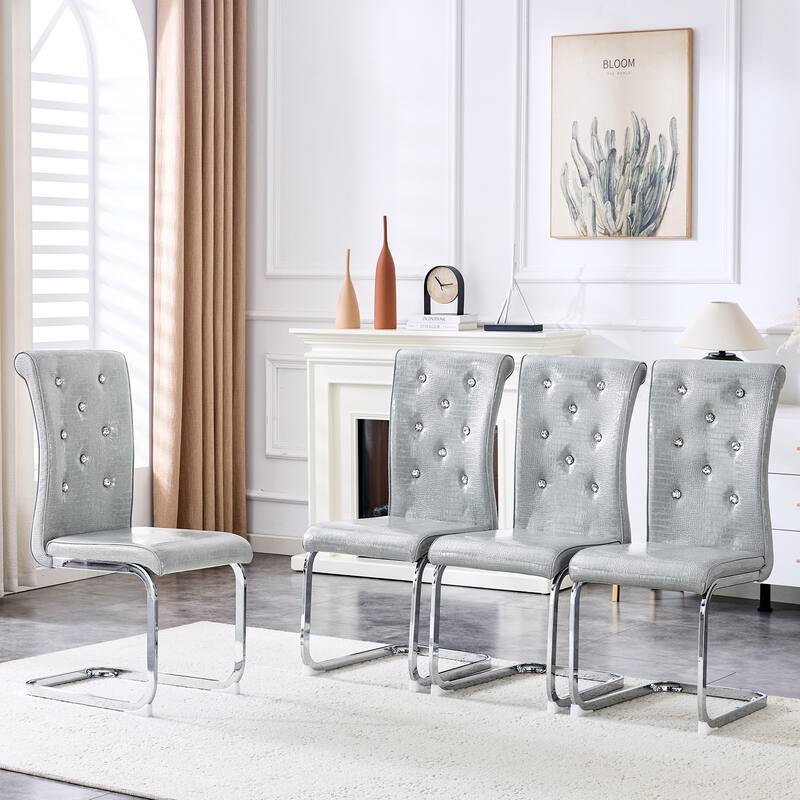 Set of 4, Retro Faux Alligator Skin Upholstered Dining Chairs, with Crystal Buckle Design and Faux Leather Design - Gray
