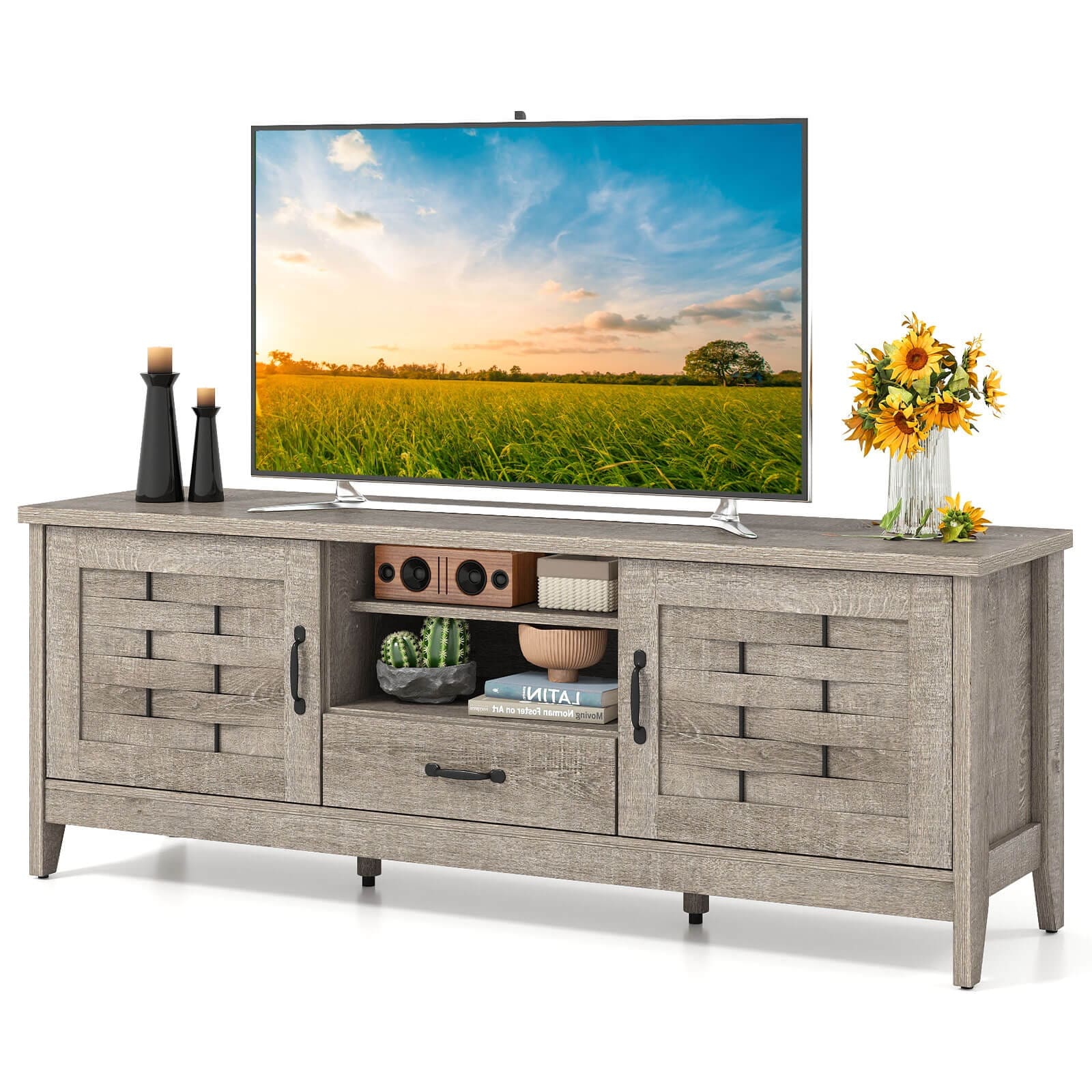 Costway TV Stand with 2 Woven Accent Doors, Storage Drawer 3 - See Details