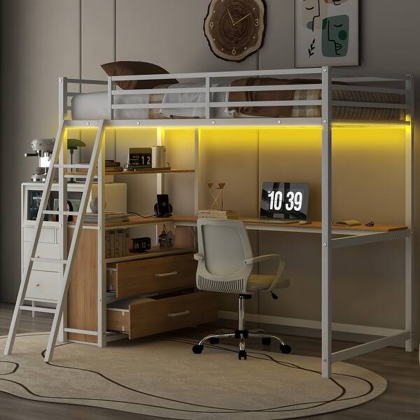 slide 2 of 32, Twin Size Metal Wood Loft Bed with Desk, Shelves, LED Light, and USB Charging Oak Natural Wood + Antique White