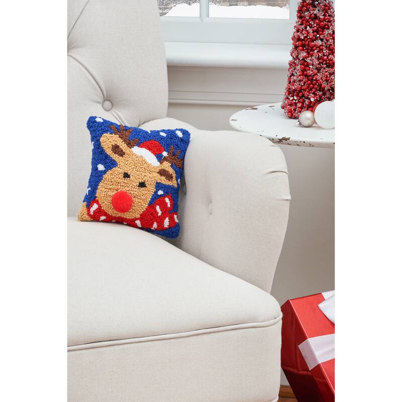 Christmas Reindeer Hooked Decororative Accent Throw Pillow