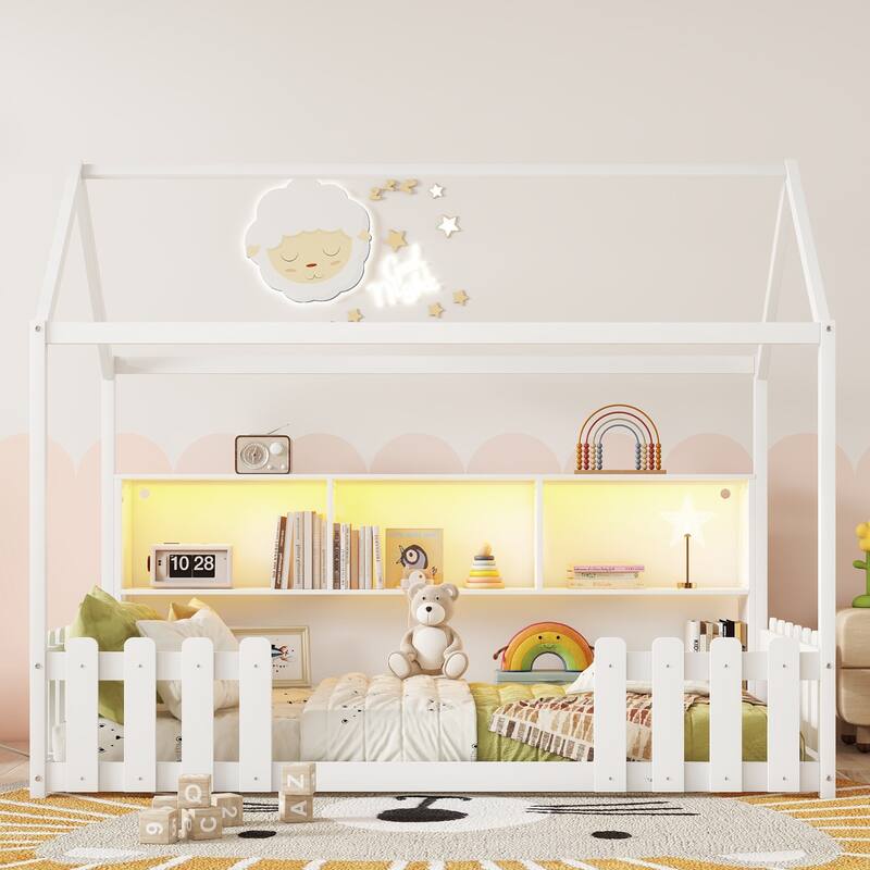 Twin Size House Bed with LED Light, Wood House Bed with Storage Bookshelf, Floor House Bed with Guardrails for Kid - White